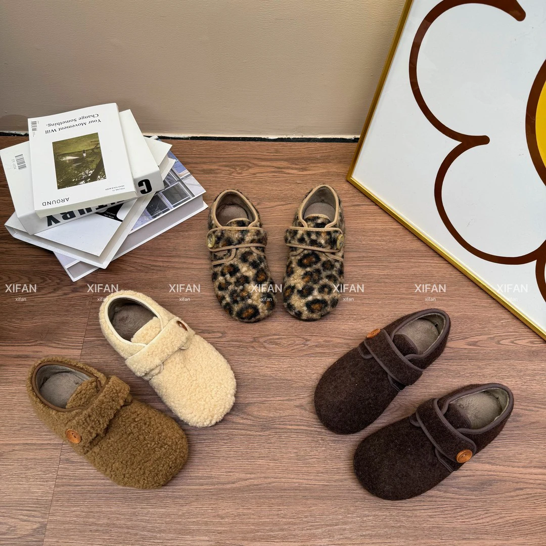 2025新款秋冬平跟豹纹可爱风女圆头保暖深口厚款勃肯鞋