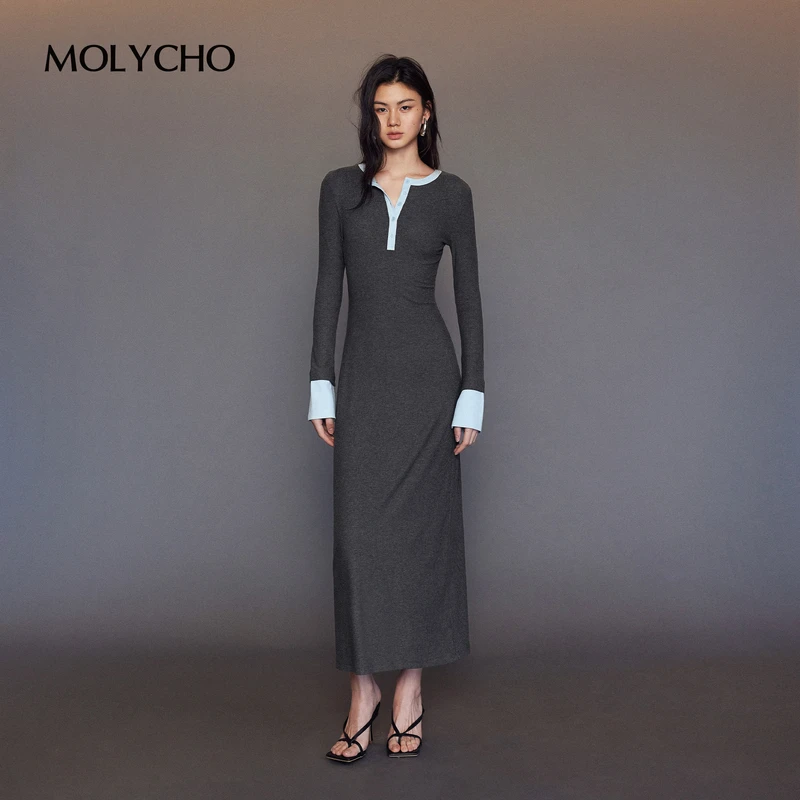 MOLYCHO 优雅气质针织连衣裙女春季新款修身显瘦撞色内搭打底长裙