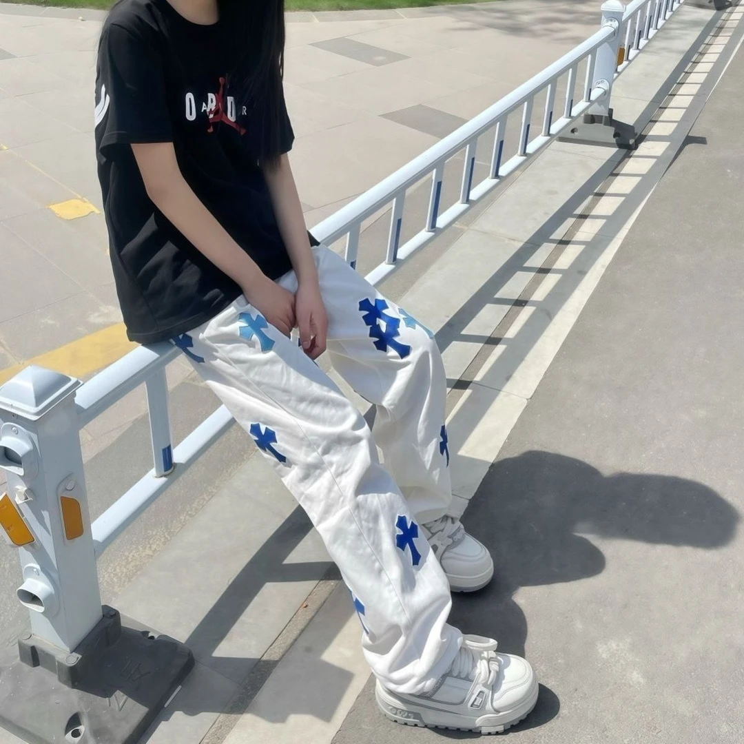 高街字母星星刺绣牛仔裤男2025秋季街头时尚烟灰色直筒长裤拖地裤