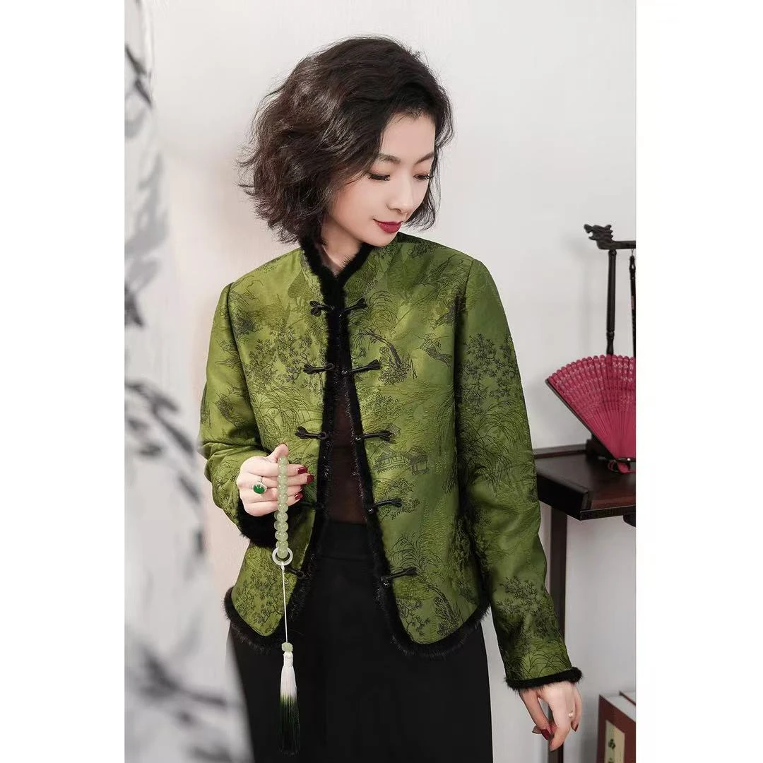 [松绿软烟]加棉新中式立体山水画万针提花正肩显瘦加厚棉服外套