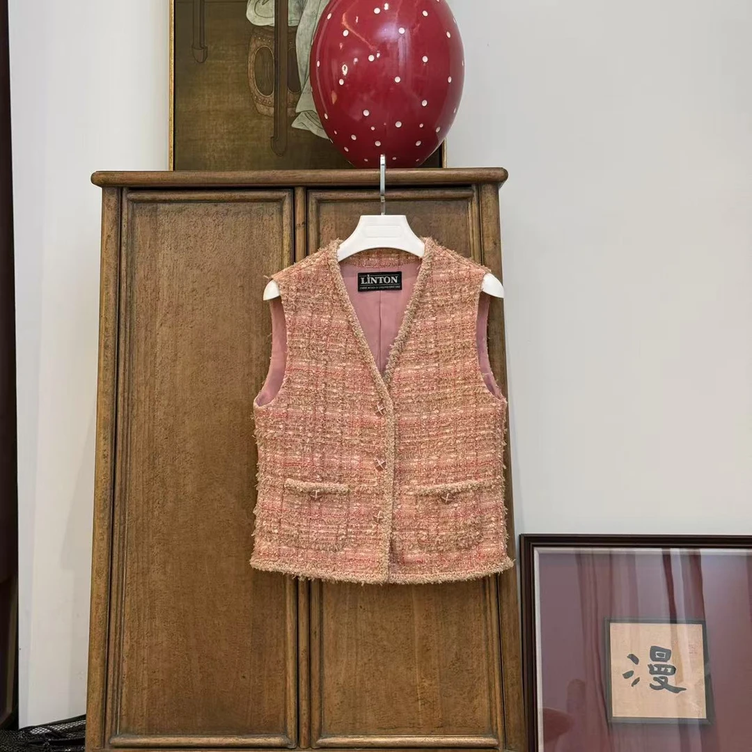 MYL 2025夏季新品粉雾海亚麻混纺粉色小香马甲V领单排扣时尚马夹