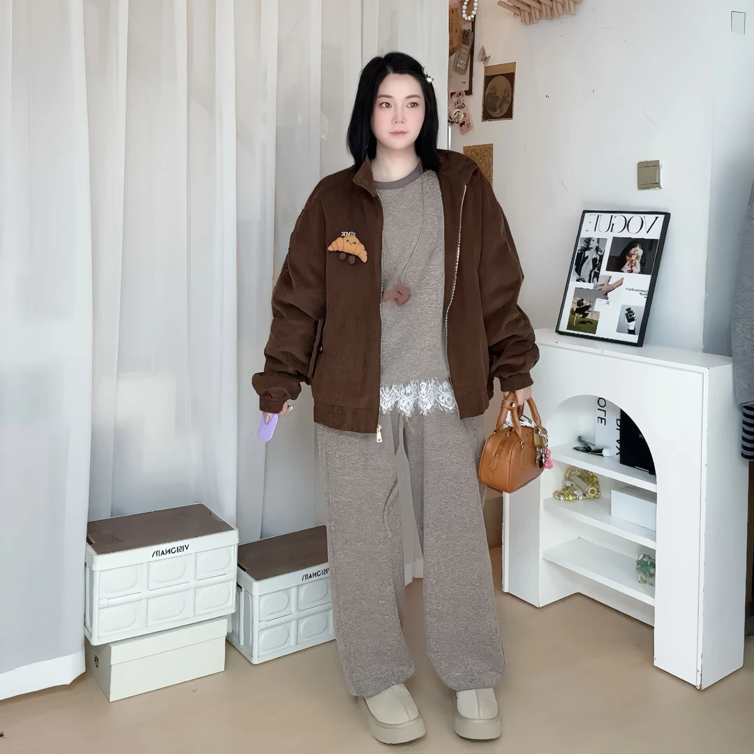 RIMK 24新款手工钩针平绒棉服夹克