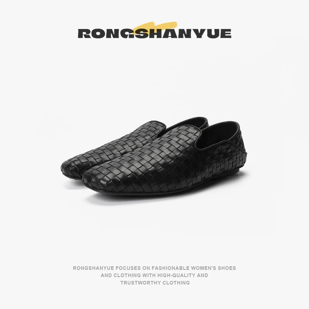 Rongshanyue手工编织牛皮一脚蹬懒人平底鞋休闲软底单鞋女B1216