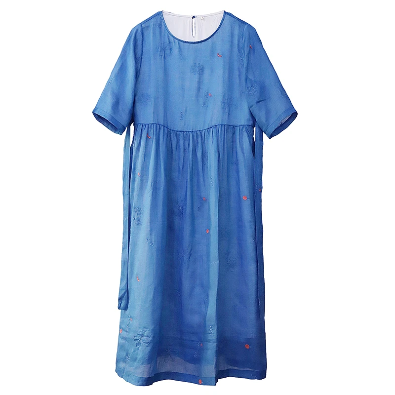 夏季新款系带轻薄透气飘逸圆领显白显瘦文艺刺绣大摆长款连衣裙女