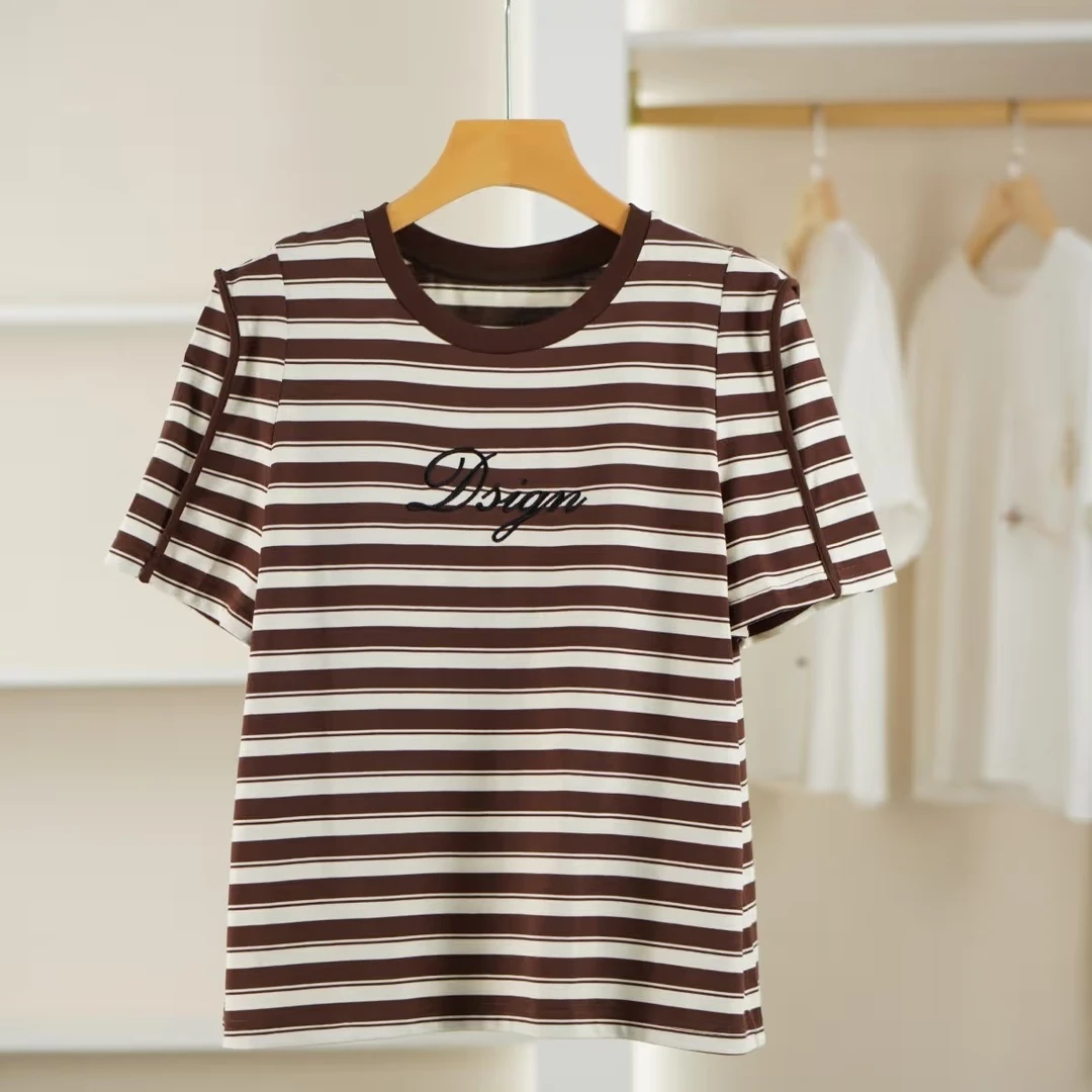 麦迪尚品【迪S】5042351字母刺绣休闲条纹T恤短袖上衣女装