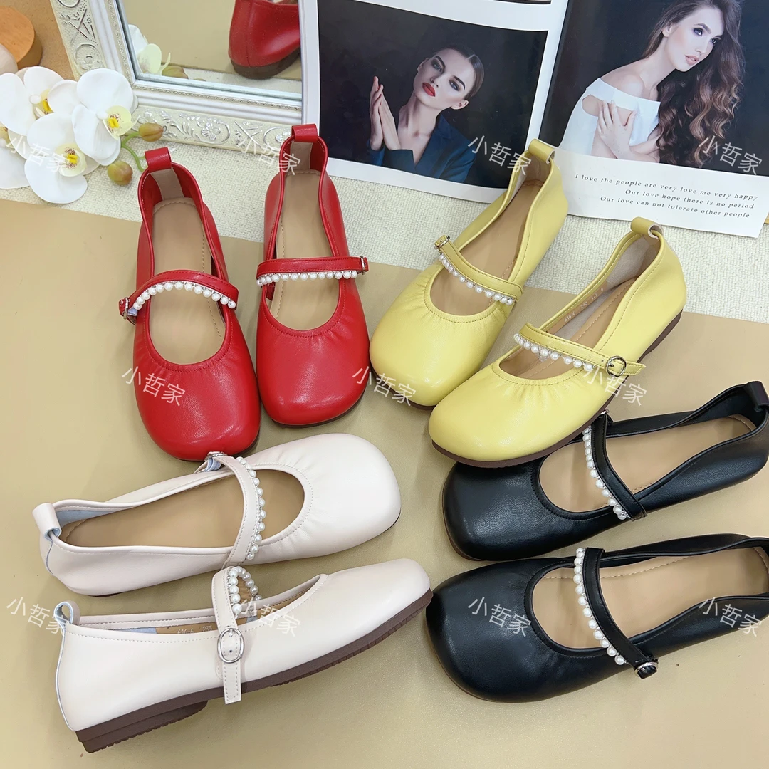 小哲家【韩版】珍珠平底单鞋软底舒适百搭法式纯色玛丽珍鞋瓢鞋6166