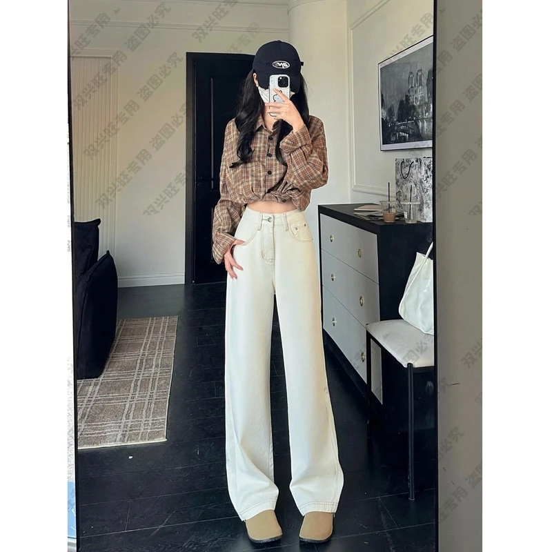 2025米杏色牛仔裤女高腰春季新款宽松复古显瘦窄版阔腿直筒裤