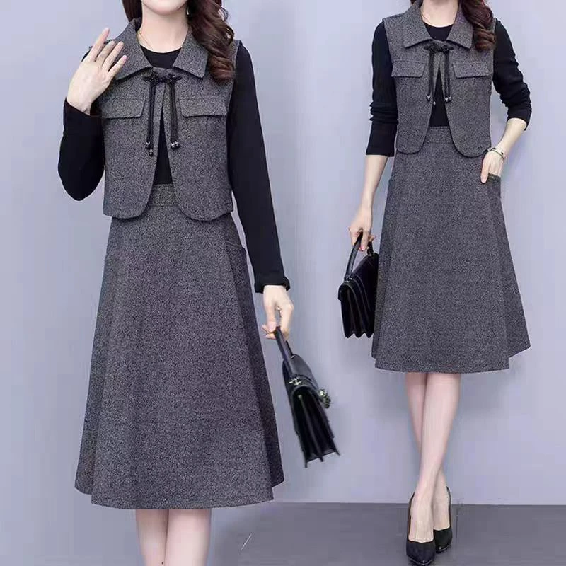 2025秋新款洋气时尚马甲连衣裙套装女减龄收腰显瘦上衣裙子两件套