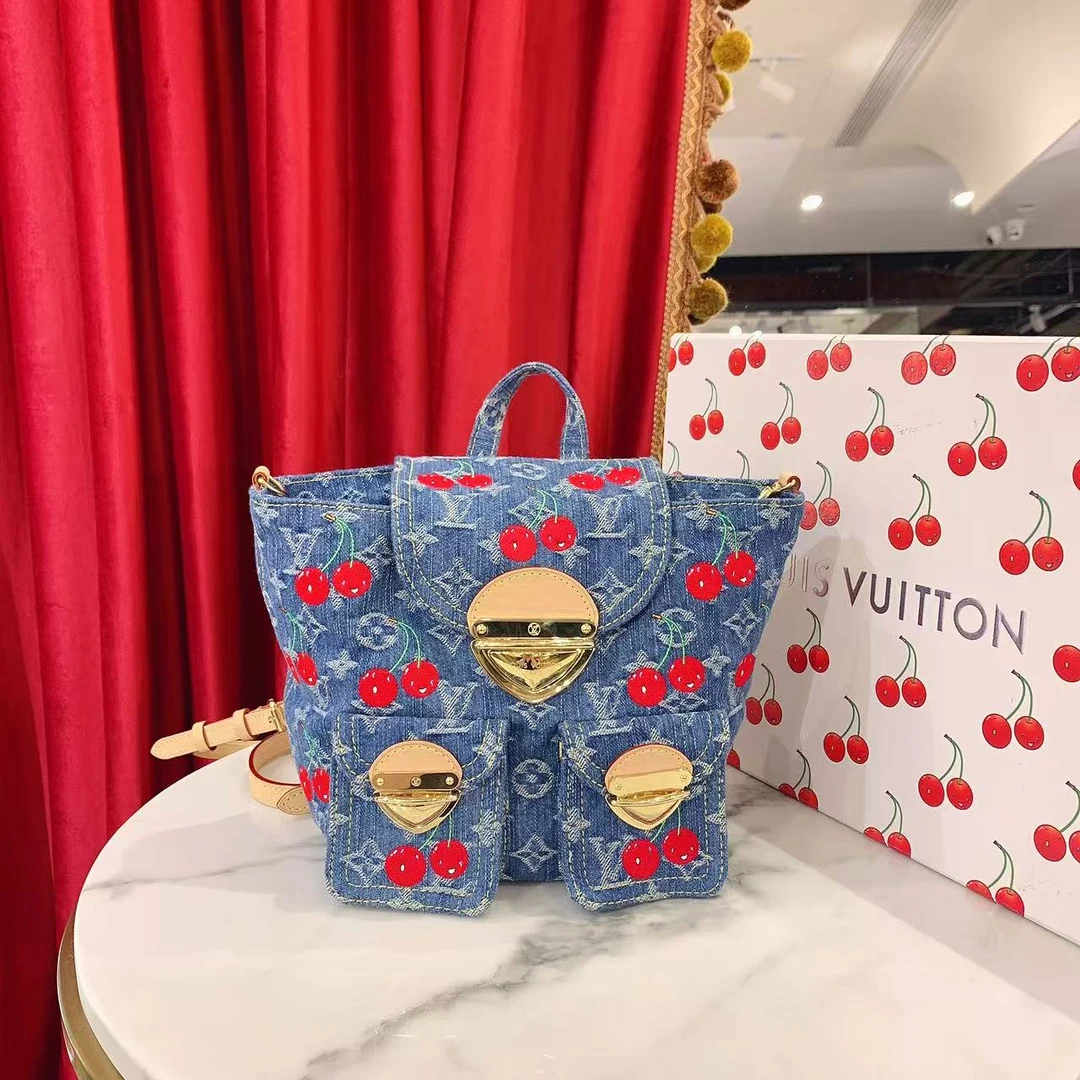 95新 LouisVuitton/路易威登 GGS村上隆樱桃书包丹宁芯片99545961