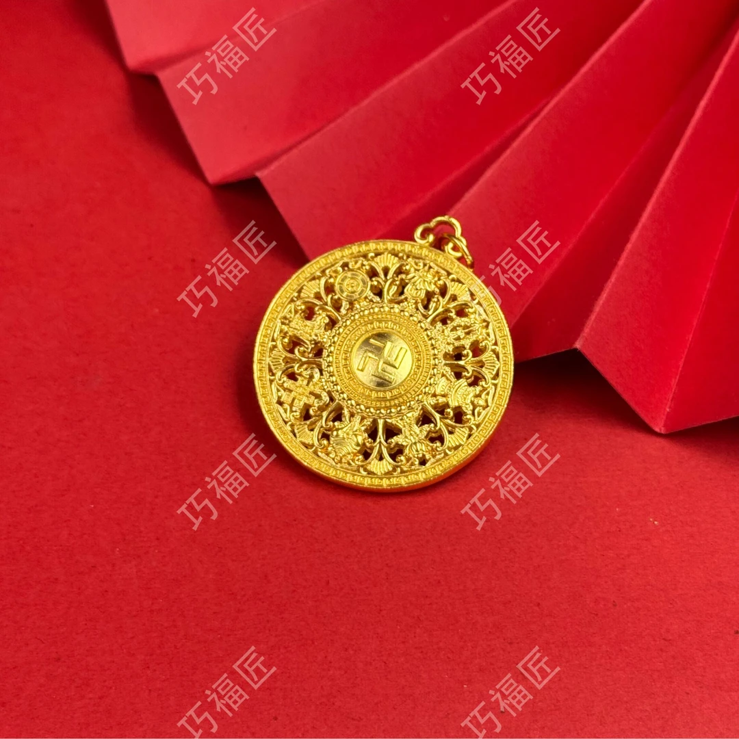 吊坠足银 八宝罗盘吊坠双面挂坠传承时尚复古女款素款手工古法