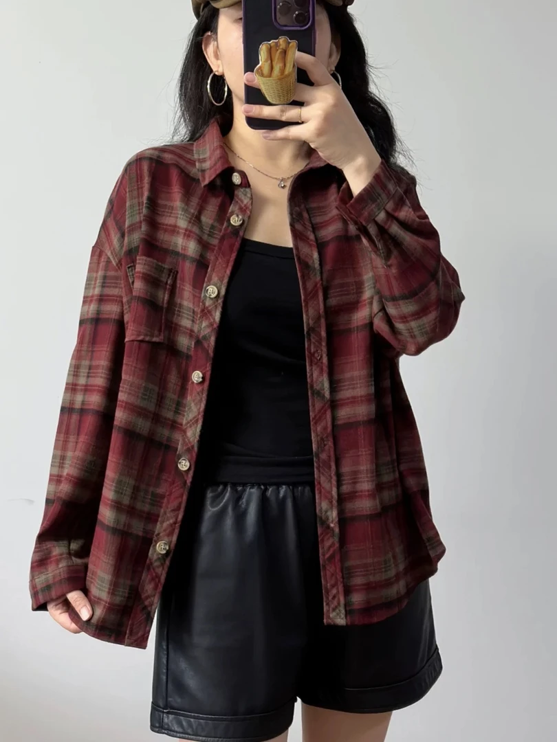 秋款磨毛V纯棉格子衬衫女款秋冬内搭外套女宽松小个子韩版休闲