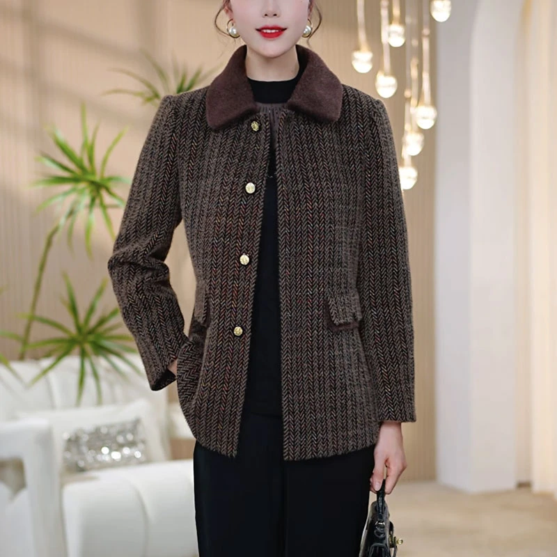 【莫瑞定制】洋气毛呢外套女短款2025秋冬中老年妈妈装拼色呢子上衣