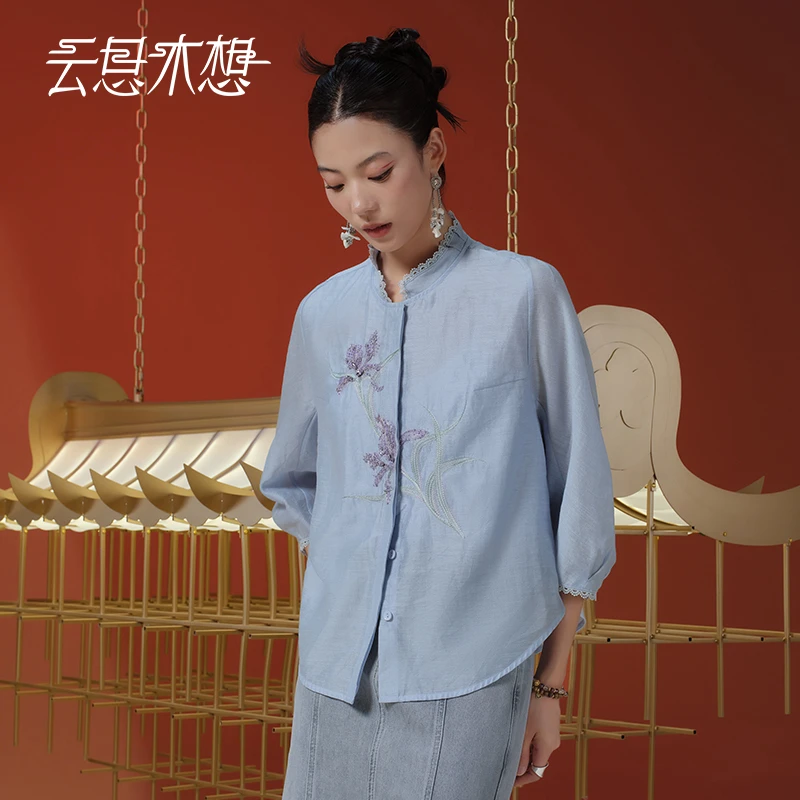 Ysimo-X云思木想 鸢尾花开 绣花钉珠钉钻花边莱赛尔衬衫13148
