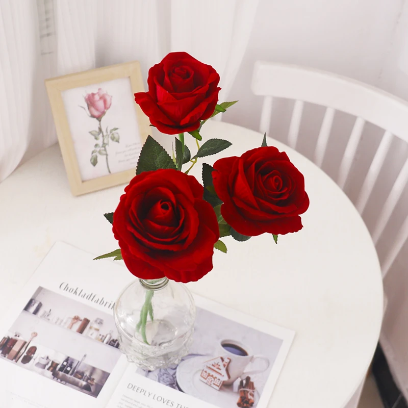仿真绒布可水洗大红玫瑰假花送女朋友餐桌插干花摆设装饰婚庆花艺