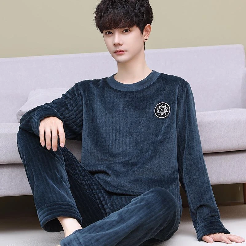 套头睡衣男法兰绒加厚加绒秋冬季珊瑚绒男士家居服2024年新款大码