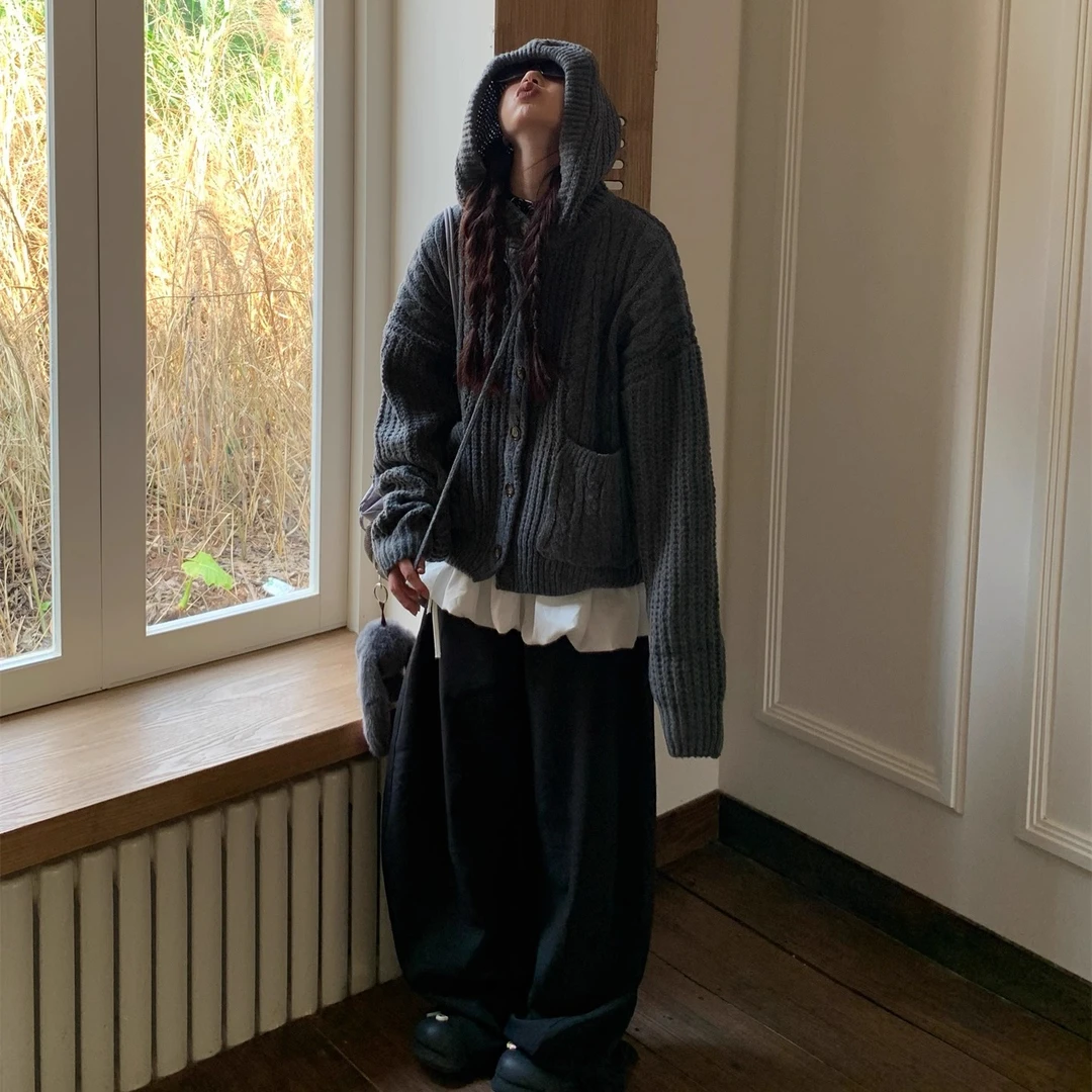 美式复古麻花连帽毛衣男女秋冬新款慵懒风宽松高级感针织开衫外套