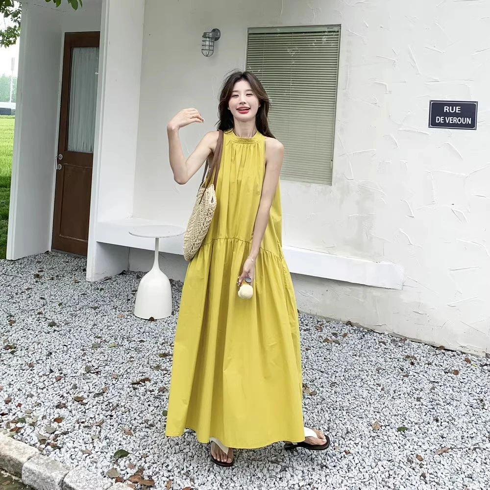 隐形拉链＋口袋法式黄色挂脖露肩连衣裙女夏季新款气质宽松长裙