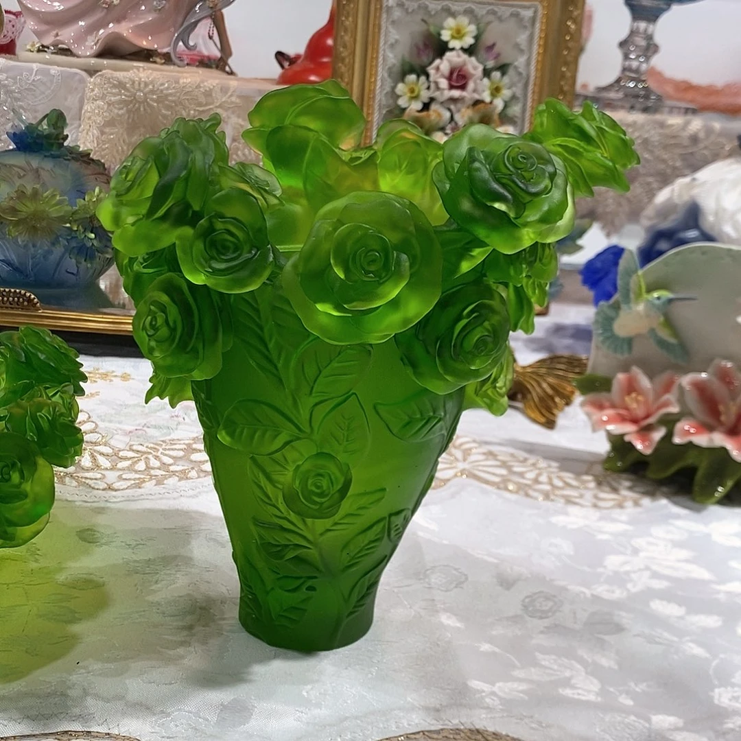 摆件脱蜡水晶玫瑰花花瓶祖母绿色