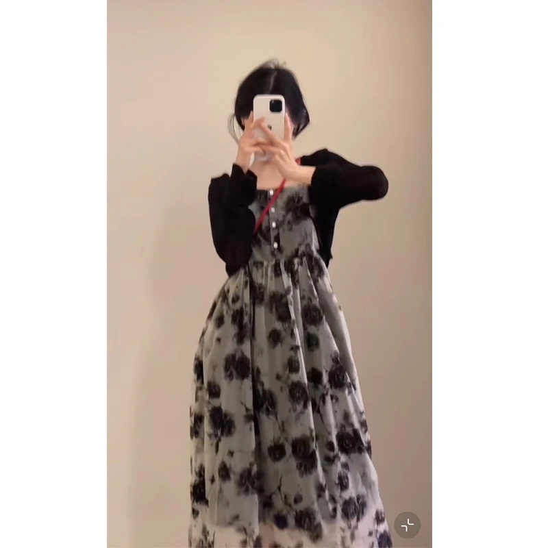 大码【干枯玫瑰】夏季新款水墨晕染印花吊带裙开衫洋气显瘦气质穿搭