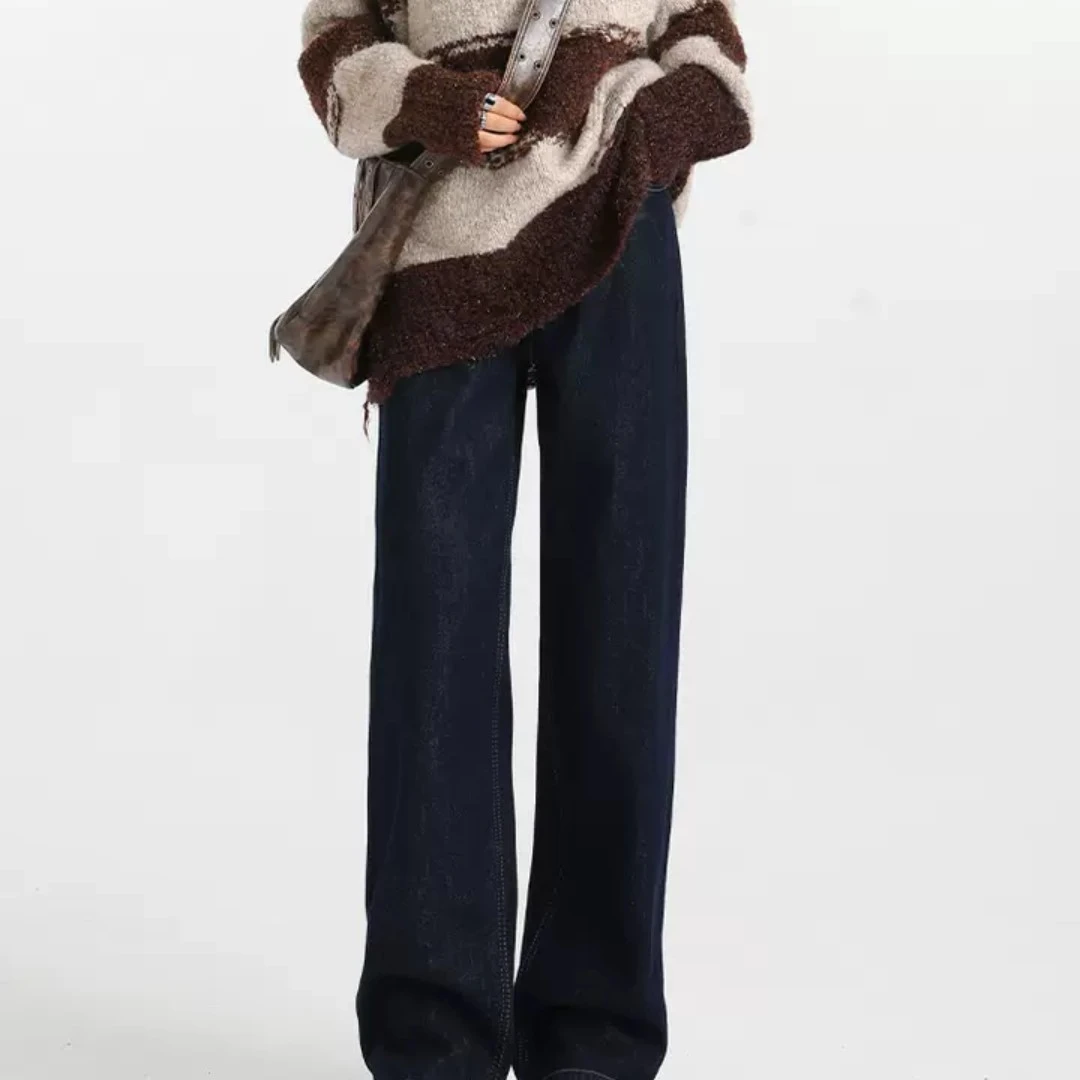 美式新款深蓝原色加绒阔腿牛仔裤女秋冬季保暖防寒宽松显瘦直筒裤