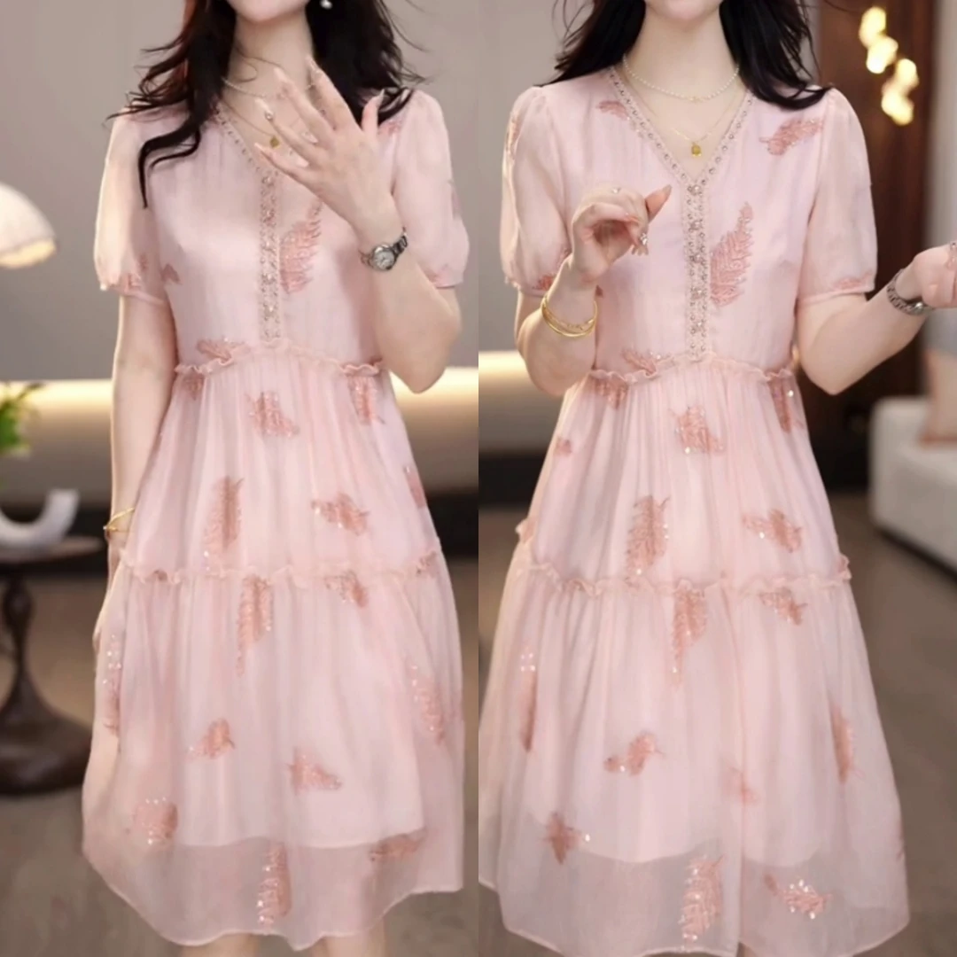 夏季新款收腰气质韩版通勤风中长裙女温柔百搭洋气优雅短袖连衣裙