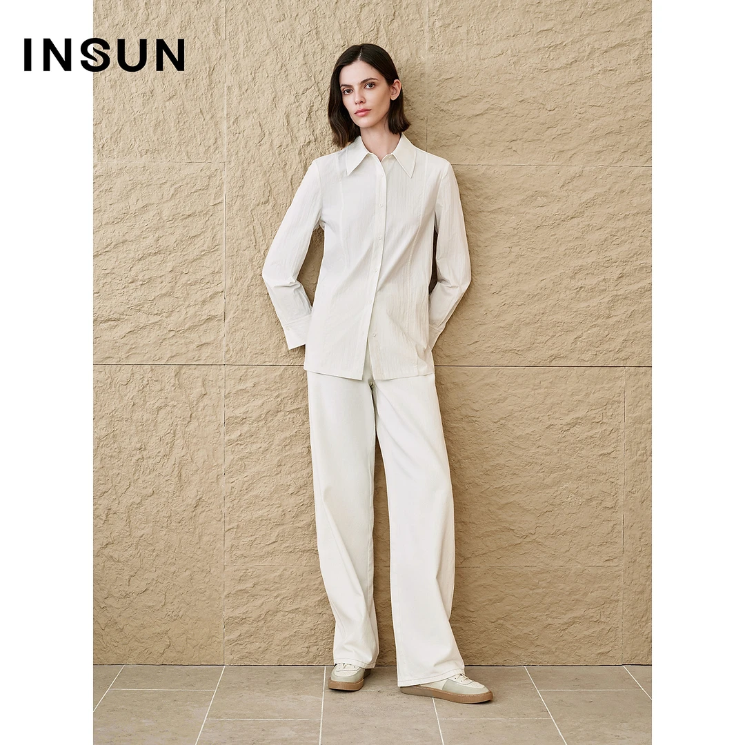 INSUN恩裳2025秋季简约休闲棉感白色衬衫