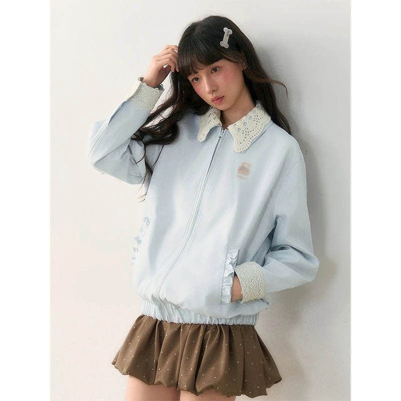 学院风蕾丝领花边翻领夹克拼接宽松外套女秋季休闲百搭长袖上衣