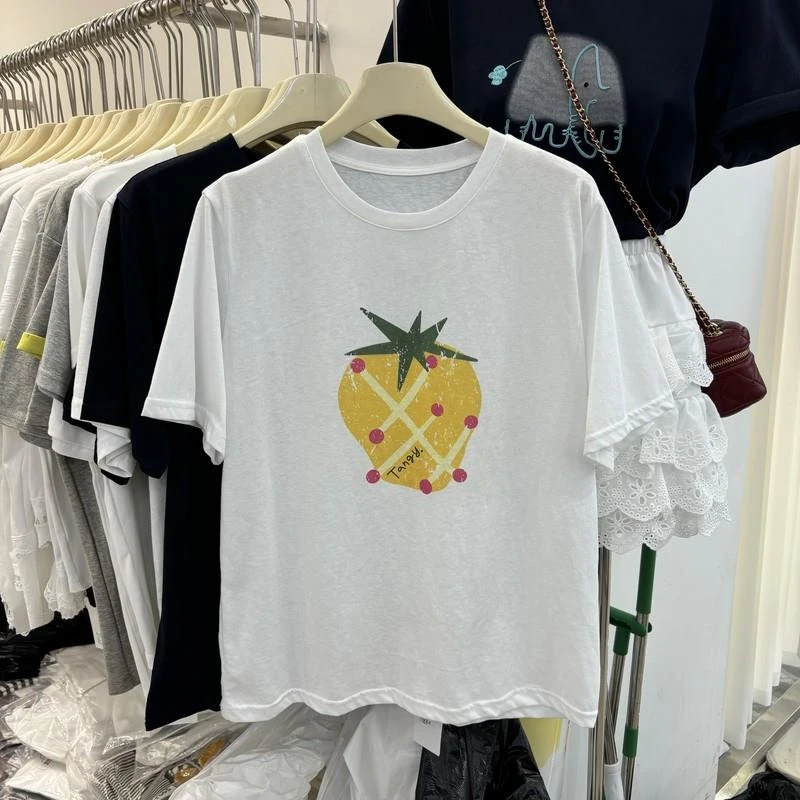 韩系草莓印花圆领短袖T恤衫女2025夏季宽松舒适纯棉打底衫上衣潮