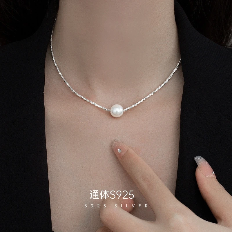 吊坠925银仿珍珠 925纯银轻奢碎银子珍珠项链轻奢气质锁骨链颈链
