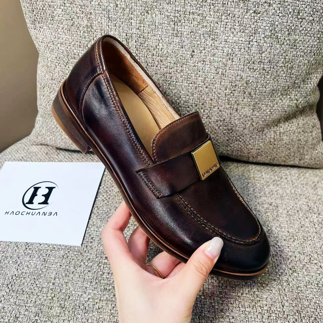 9扣女鞋皮鞋单鞋百搭黑色商务牛皮软底乐福鞋女士上班族轻奢新款