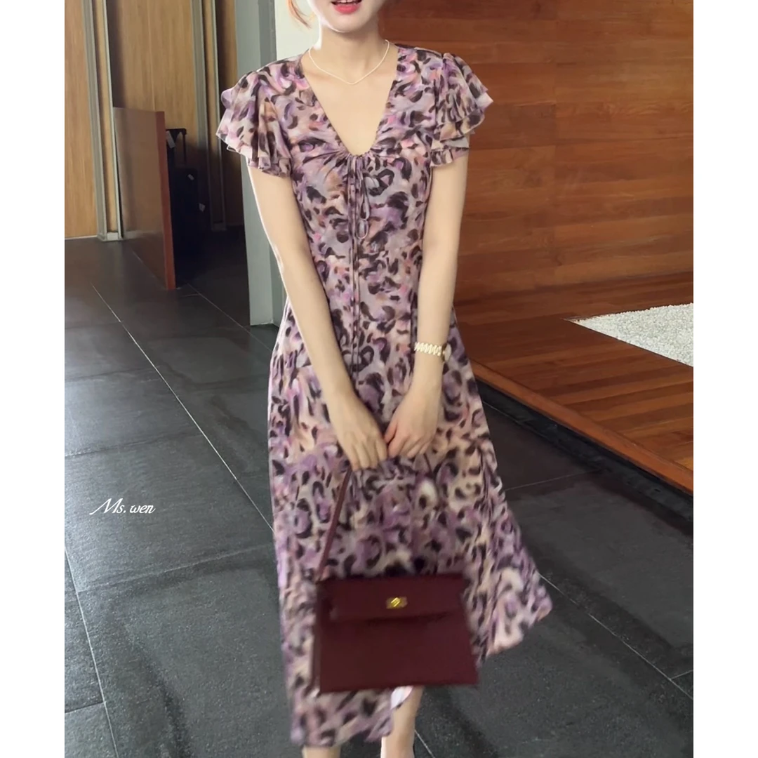 【WENZO】赫本~夏季时尚气质优雅显瘦豹纹飞袖连衣裙W250443