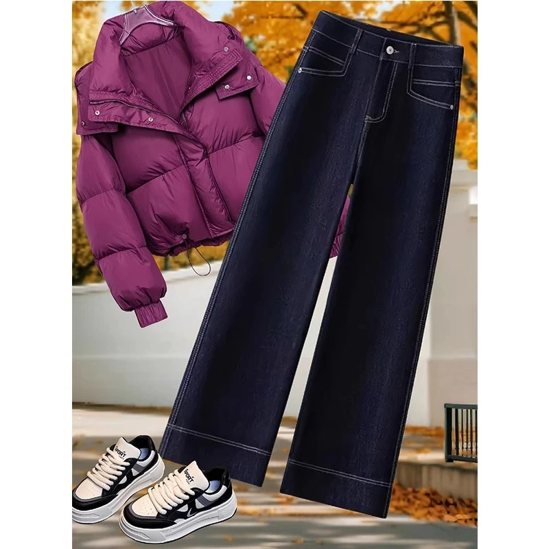 爆款丹宁蓝牛仔直筒裤女2025春秋冬新款加绒高腰显瘦九分阔腿裤子