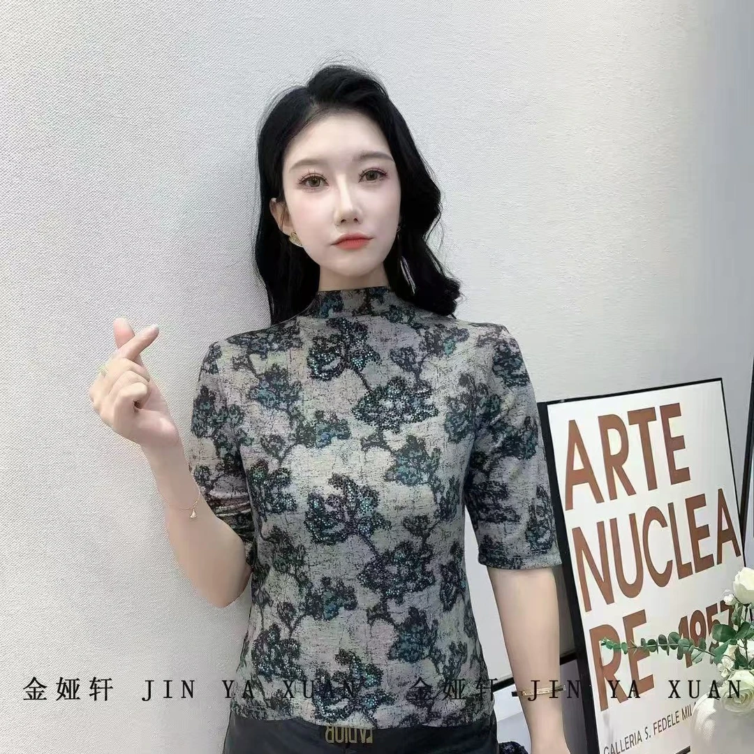 长袖女新中式圆领提花半高领T恤内搭ins立领高领休闲