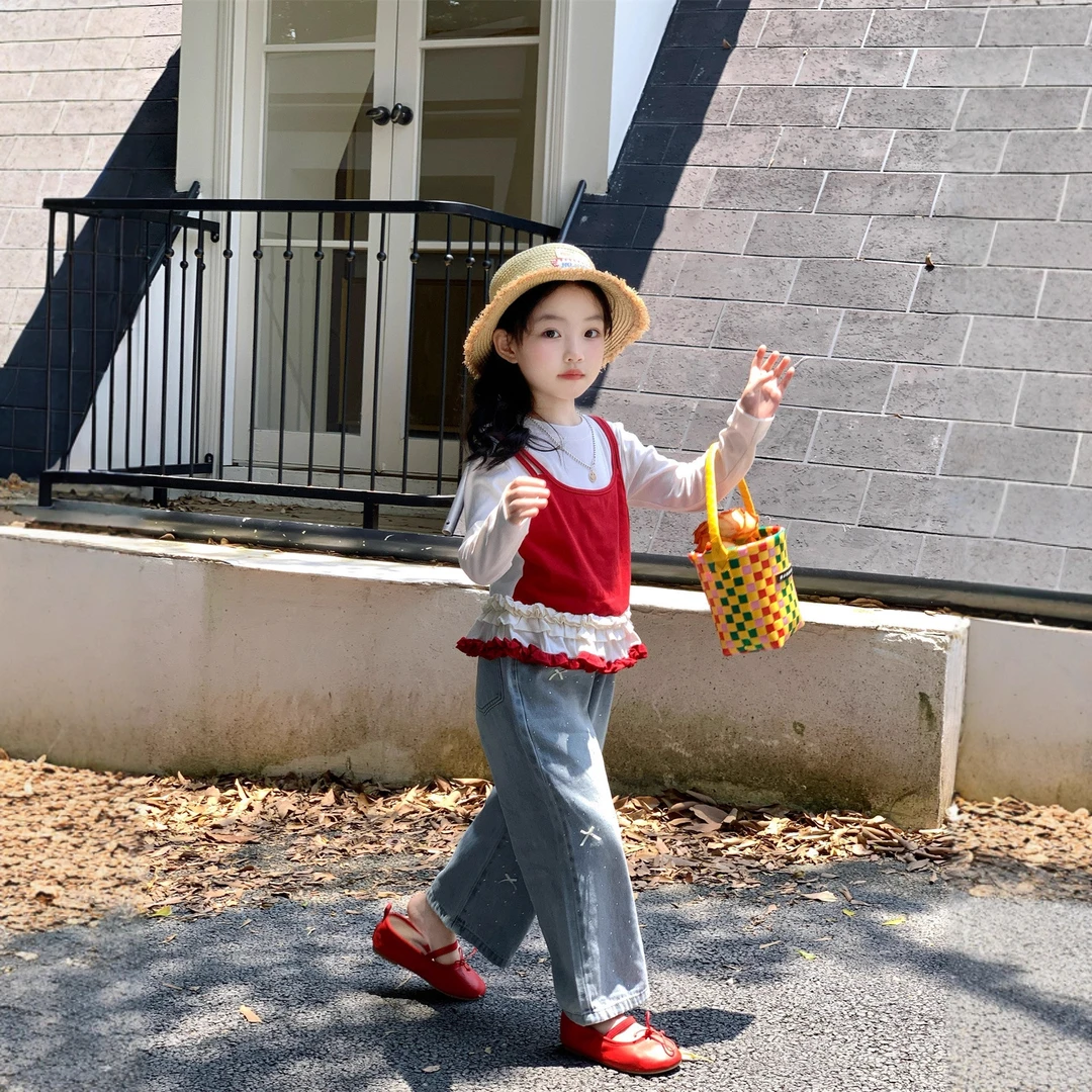 小思家女童2025秋季韩系甜美风假两件打底衫蝴蝶结烫钻牛仔裤套装