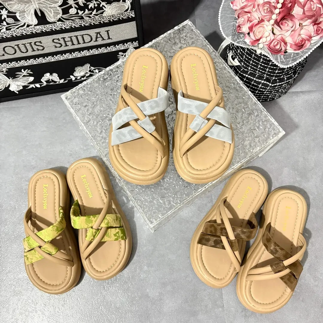 新款夏季新款豹纹交叉日常百搭休闲气质简约洋气外穿厚底舒适拖鞋