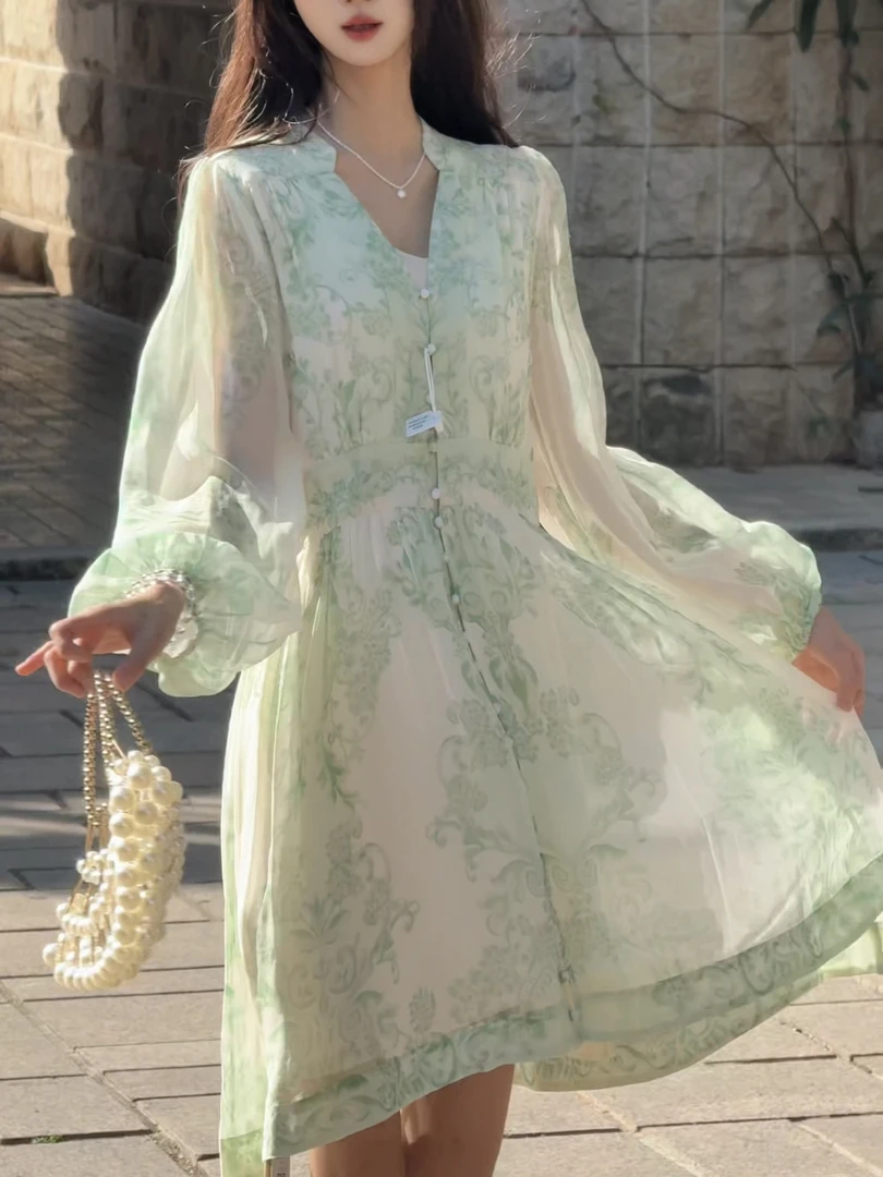 【Qian倩-碎花手帐】重磅100桑蚕丝连衣裙Y25-9023