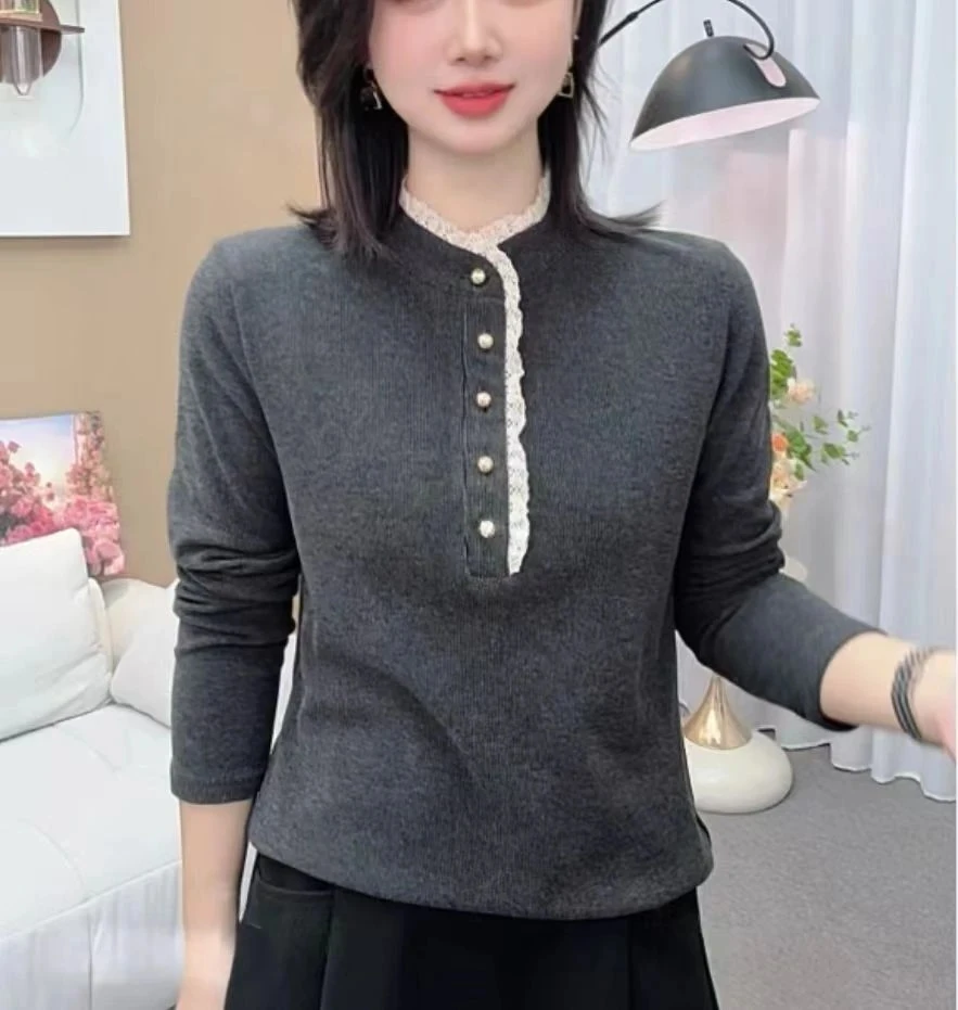 2025冬款双面德绒木耳领显瘦保暖立领钩花气质时尚打底衫T恤