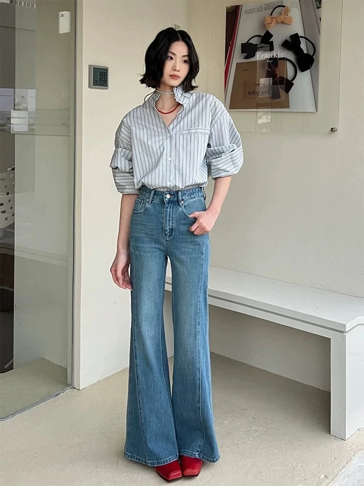【XILEE新款007】直筒微喇叭牛仔裤高腰蓝色显瘦小众阔腿长裤时尚