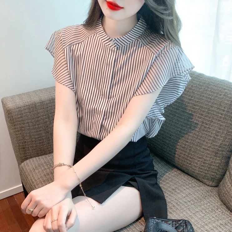 洋气欧货条纹飞飞袖雪纺衬衫女2025夏季短袖上衣小衫宽松显瘦衬衣
