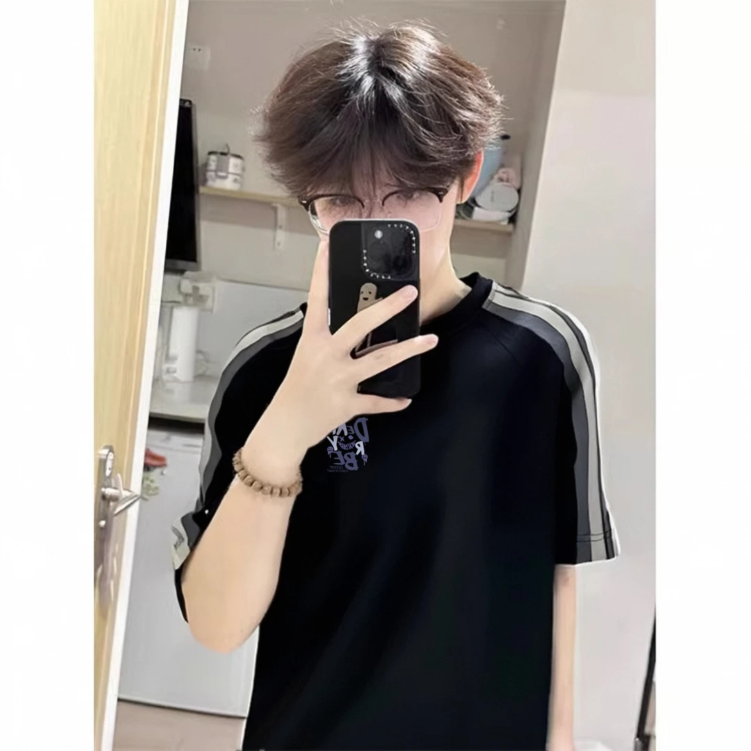 原创个性字母印花三条杠高级圆领短袖男夏季重磅纯棉休闲百搭T恤