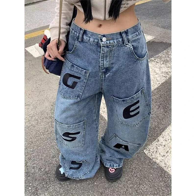 美式复古字母刺绣多口袋牛仔裤男女秋季新款宽松阔腿弯刀拖地长裤