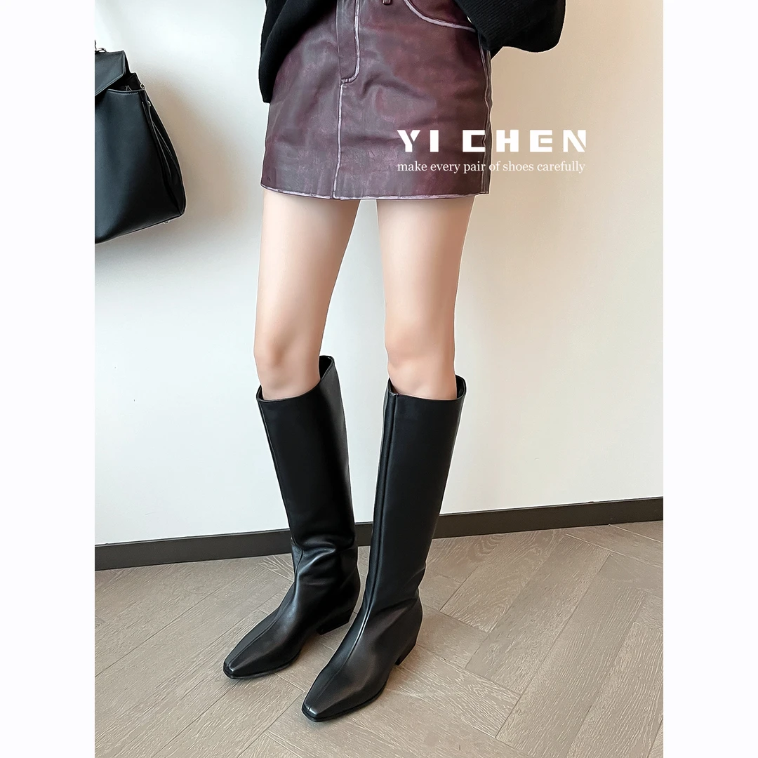 时尚百搭真皮靴子女长筒靴方头粗跟显瘦高筒不过膝长靴直筒骑士靴