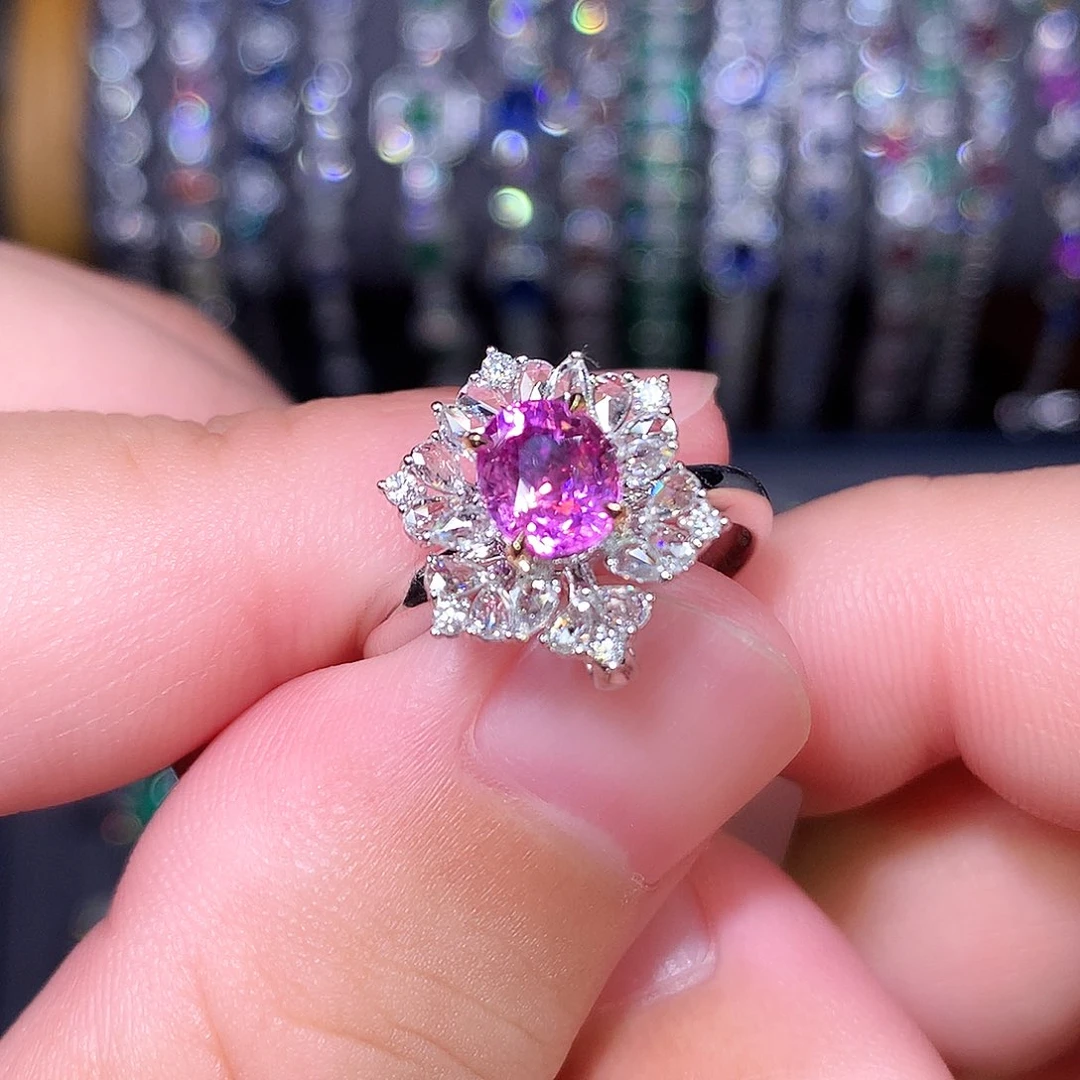戒指彩色蓝宝石18K金镶嵌1.61ct/AIGS/无烧樱花粉