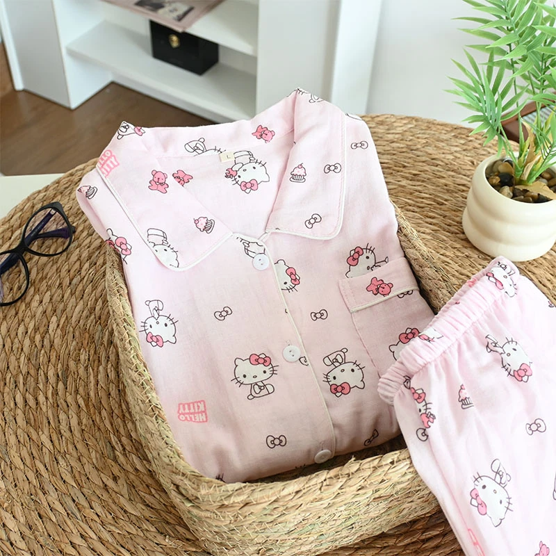 卡通hellokitty睡衣女款春秋冬季可爱长袖长裤双层纯棉纱布家居服