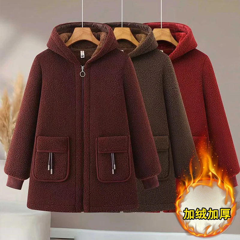 妈妈冬装连帽加绒加厚颗粒绒棉服外套2025中老年女装大码保暖棉袄