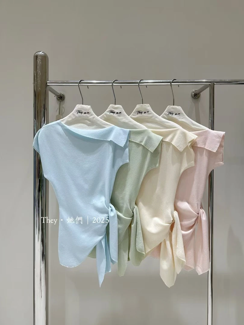 不规则开叉收腰绑带长袖T恤女设计感高级独特别致修身打底衫上衣