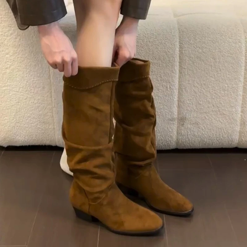 牛皮版！美拉德西部牛仔靴女复古圆头显瘦百搭通勤粗跟褶皱堆堆靴