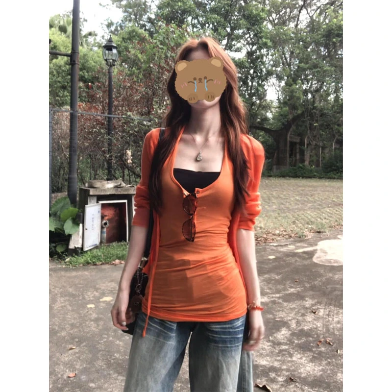 修身V领吊带背心夏针织重新开衫防晒上衣套装阔腿牛仔裤宽松裤子