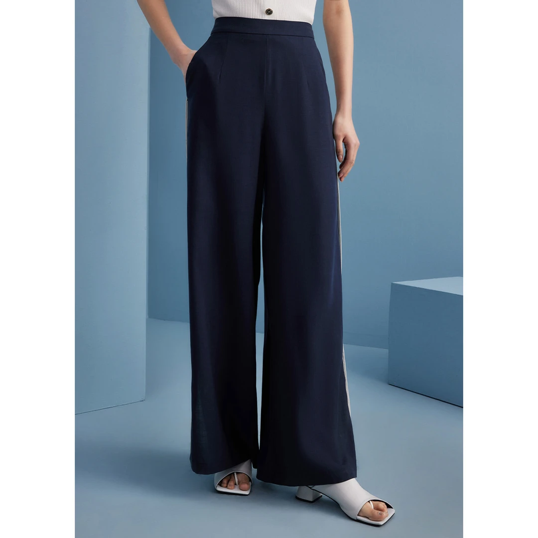 高腰垂感直筒裤夏季撞色双条纹两侧开叉通勤阔腿裤M102301000