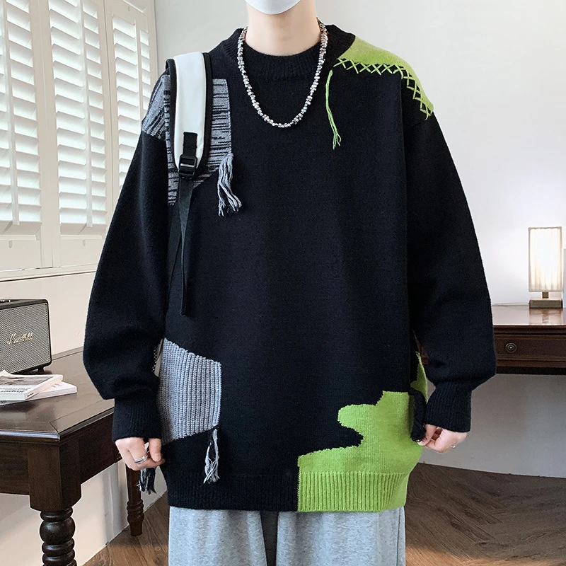 圆领毛衣男秋冬季潮牌设计感小众针织衫男士加厚保暖冬装毛线衣服